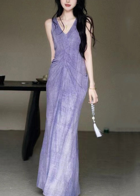 New Purple V Neck Cotton Long Dresses Sleeveless
