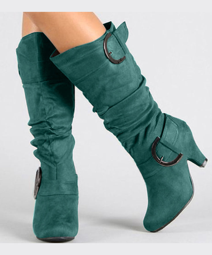 American Style Red Zippered Splicing Chunky Suede Boots Pointed Toe
