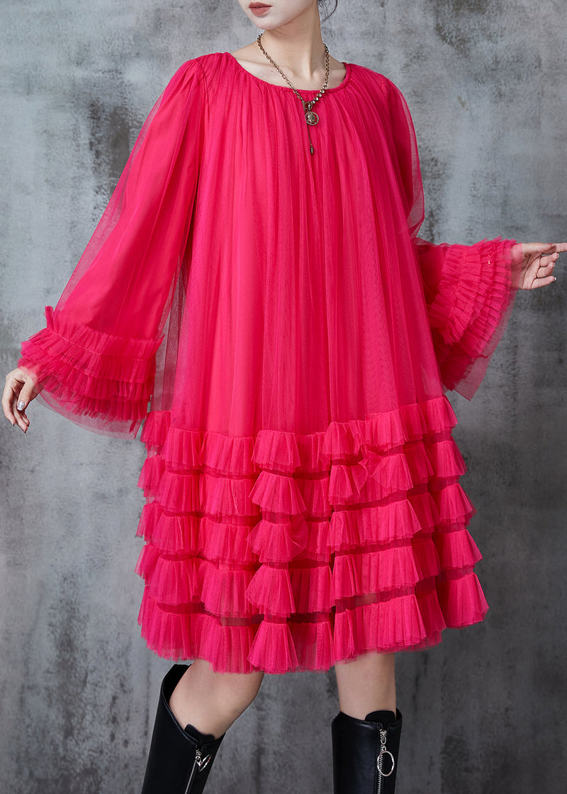 Rose Loose Tulle Holiday Dress Ruffled Flare Sleeve