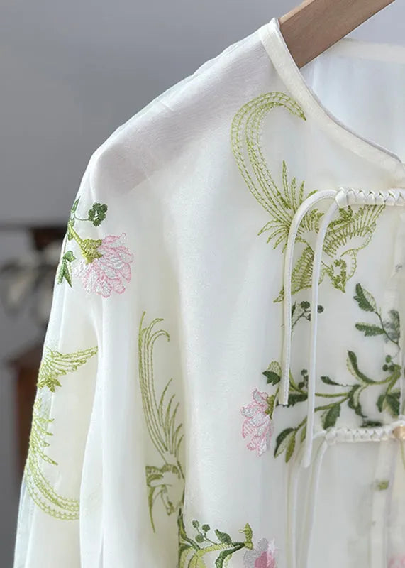Green Embroidered Button Organza Shirts Fall