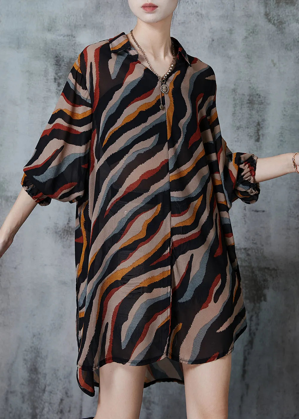 Brown Print Chiffon Long Shirt Tops Oversized Fall