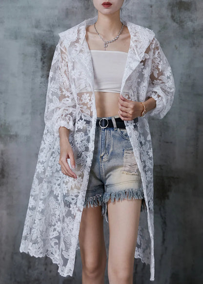 White Hooded Embroidered Tulle Upf 50+ Cardigans Summer
