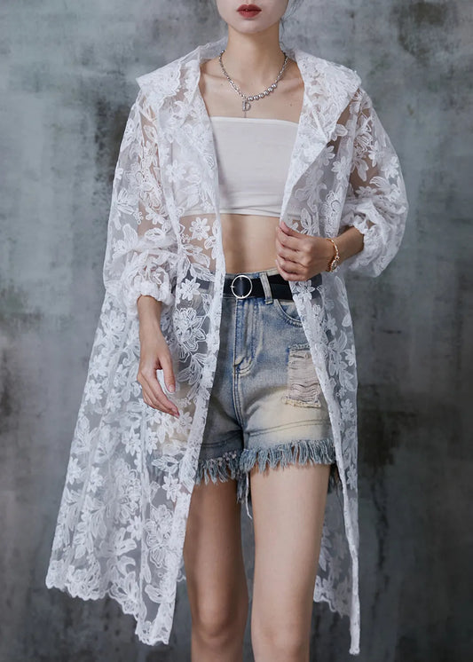 White Hooded Embroidered Tulle Upf 50+ Cardigans Summer