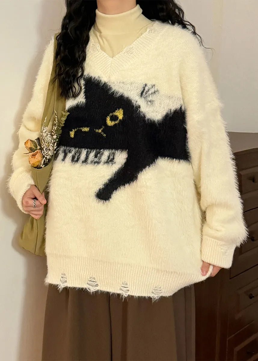 Loose Beige Hole Cats Cozy Mink Hair Knitted Sweater Spring