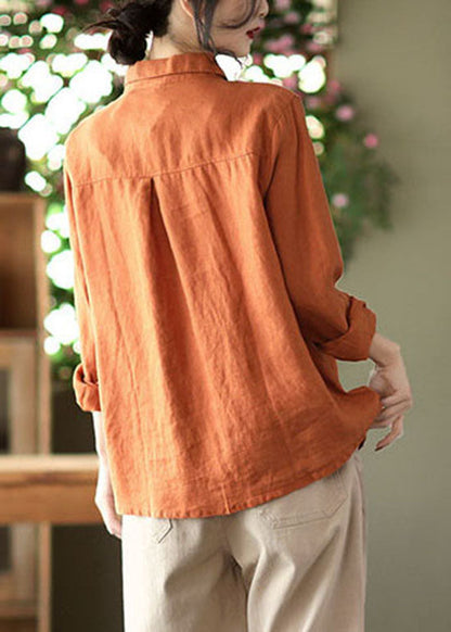 Orange Button Peter Pan Collar Embroidered Linen Blouses Spring