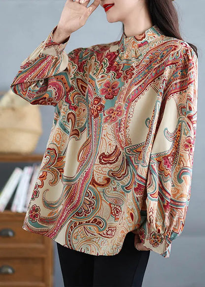 Stand Collar Print Cotton Shirt Tops Fall