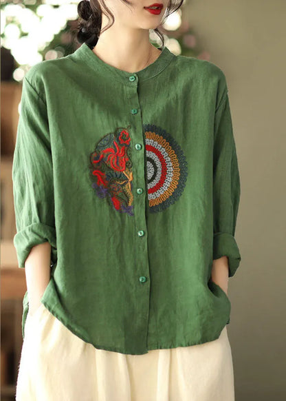 Green Embroidered Asymmetrical Design Linen Shirts Spring