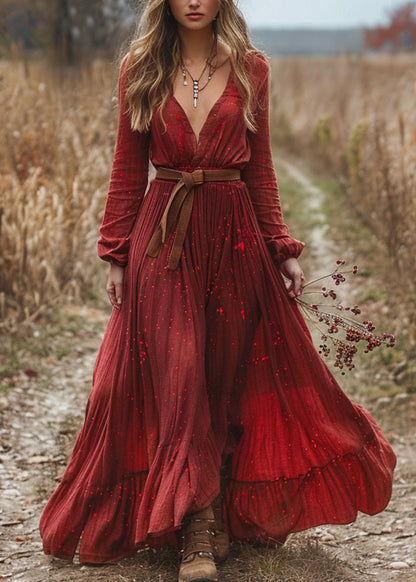 Red V Neck Wrinkled Patchwork Cotton Dress Long Sleeve