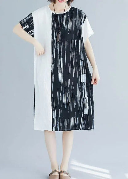 French Patchwork Cotton Linen Clothes Pattern Black Dresses Summer
