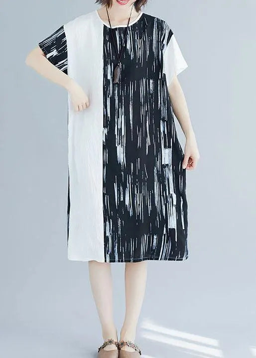 French Patchwork Cotton Linen Clothes Pattern Black Dresses Summer