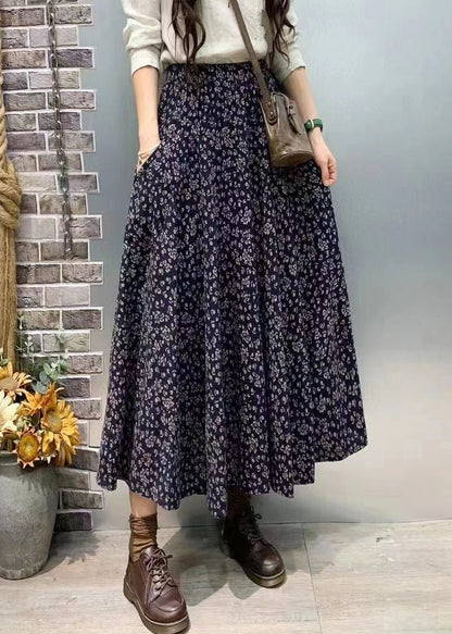 Navy Pockets Elastic Waist Cotton Skirt Fall
