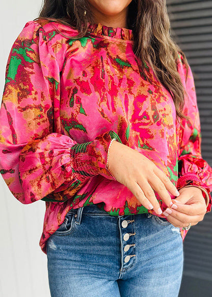 Rose Ruffled Print Chiffon Shirt Top Spring