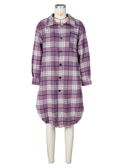 Purple Pockets Plaid Woolen Shirts Coat Fall