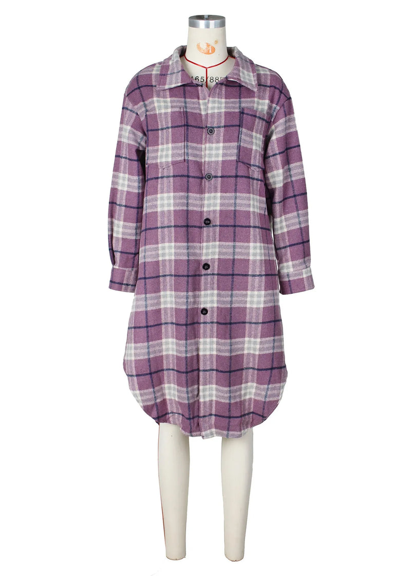Purple Pockets Plaid Woolen Shirts Coat Fall