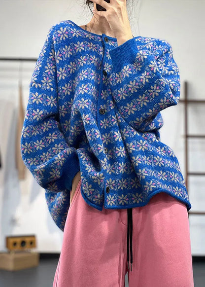 Diy Blue O-neck Oversized Jacquard Lazy Knit Cardigans Winter