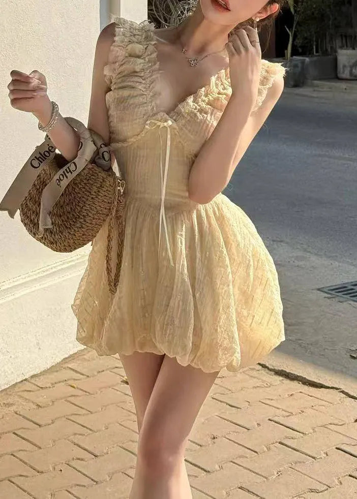 Apricot V Neck Ruffled High Waist Tulle Mini Dress Sleeveless