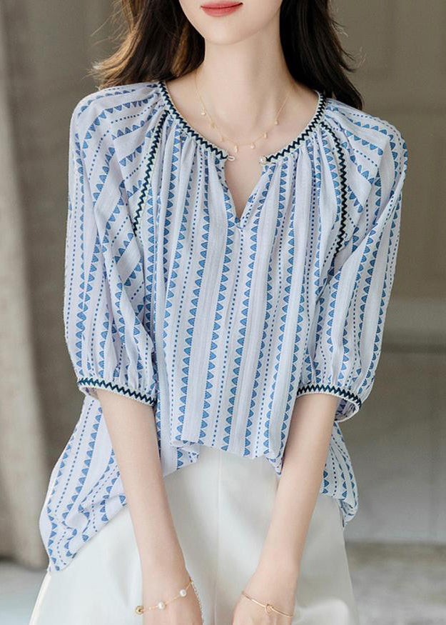 Modern Blue O-neck Chiffon Print Shirts Puff Sleeve