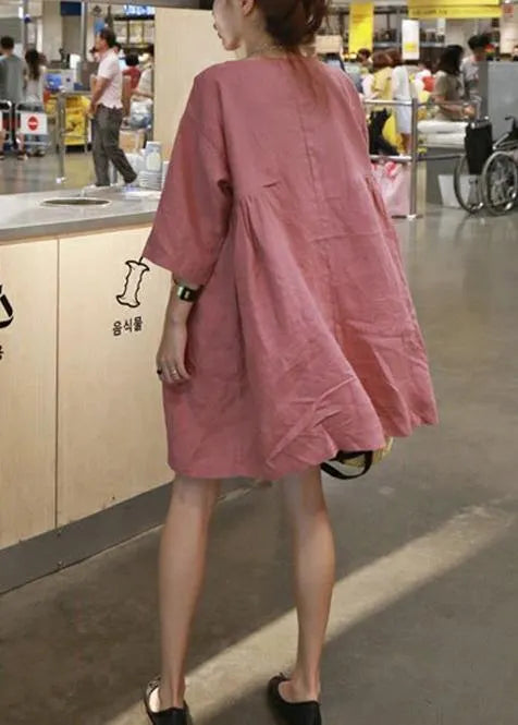 Style Pink Cotton Linen Outfit O Neck Cinched a Line Summer Dresses