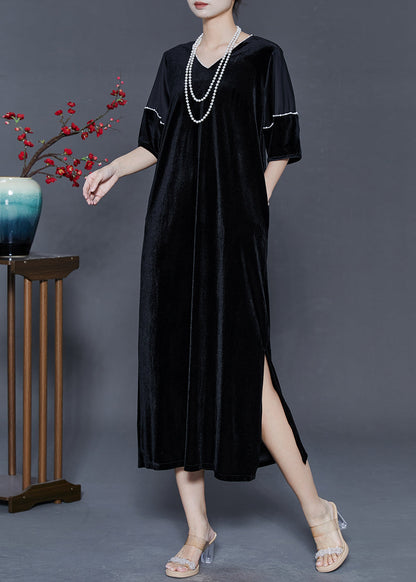 Black Oversized Side Open Silk Velvet Party Dress Summer