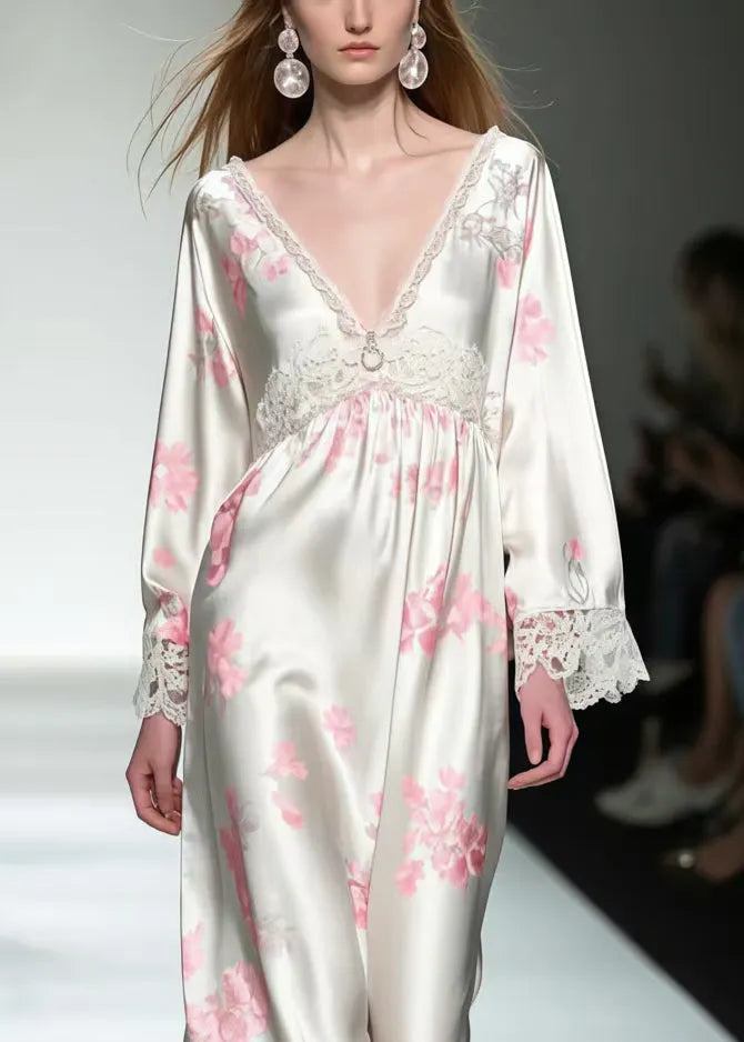 White Print Patchwork Lace Silk Maxi Dresses Spring