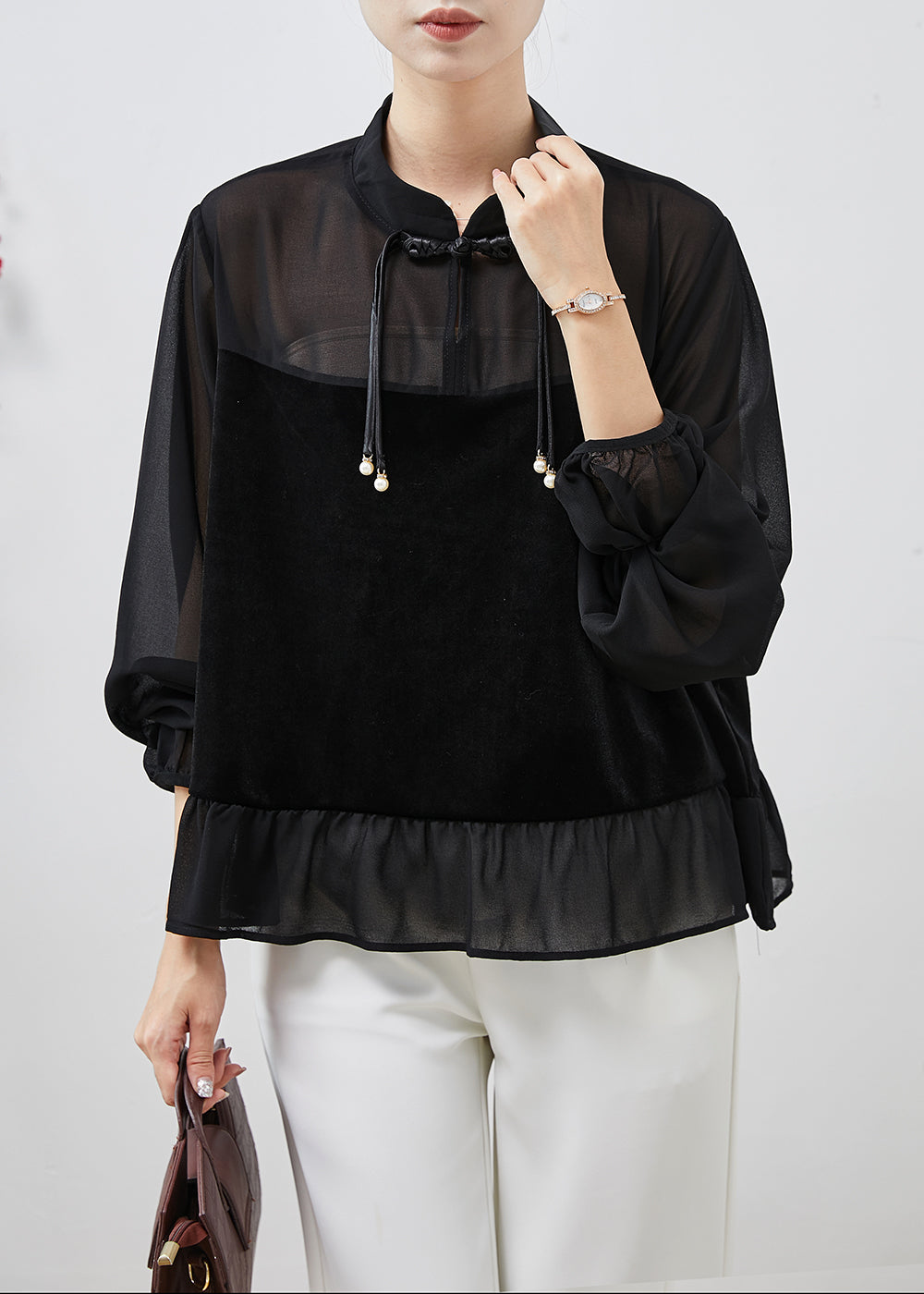 Black Tasseled Patchwork Chiffon Shirts Spring