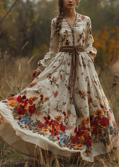 Beige Print Exra Large Hem Cotton Dress Fall