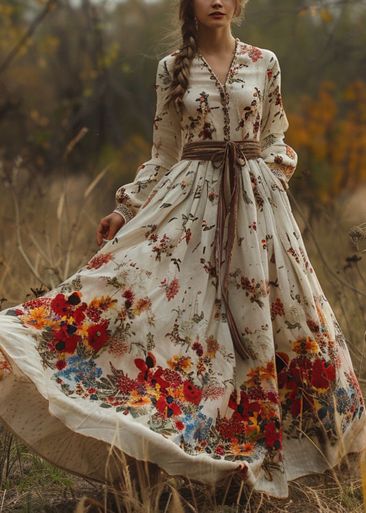 Beige Print Exra Large Hem Cotton Dress Fall