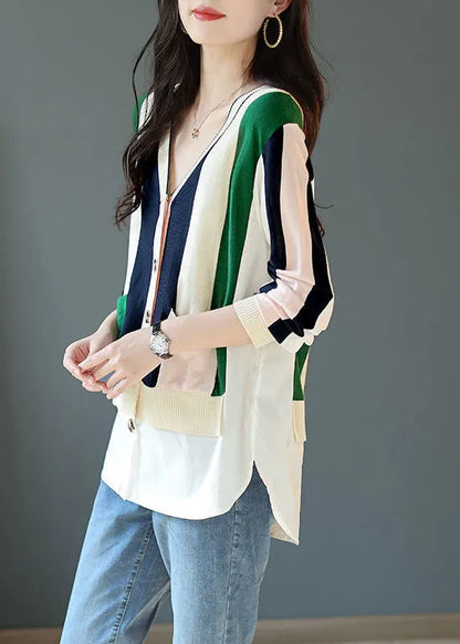 Colorblock V Neck Patchwork Striped Knit Cardigans Spring