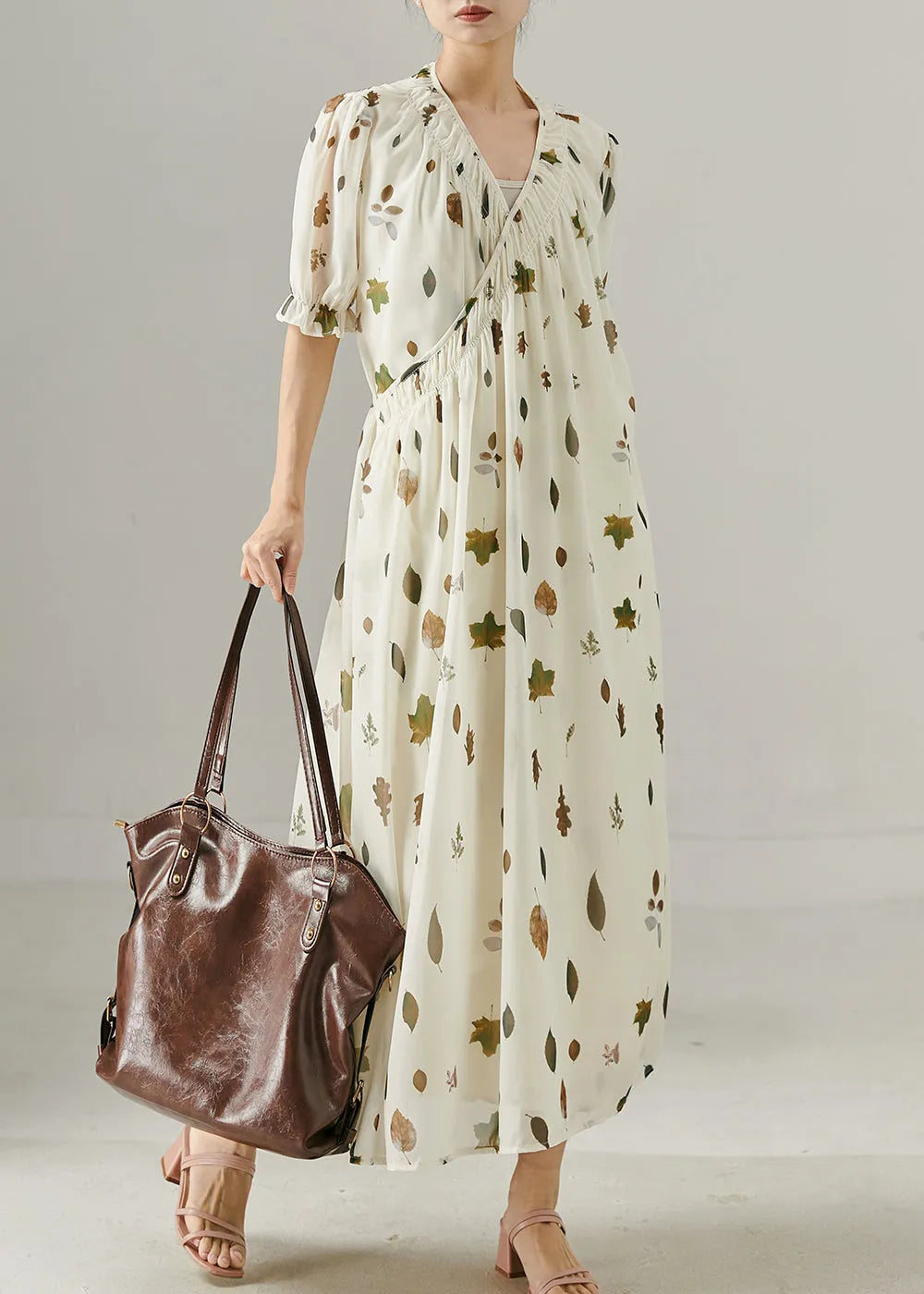 White V Neck Print Chiffon Maxi Dress Summer