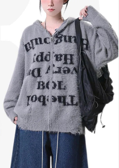 Diy Grey Oversized Letter Print Knit Hoodie Coat Spring