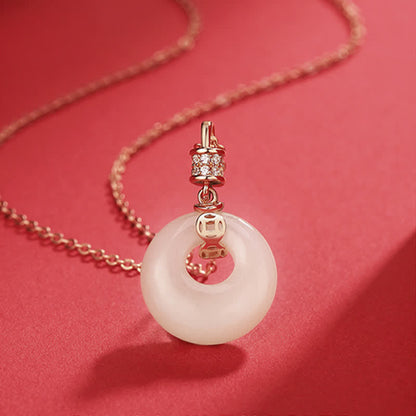 Buddha Stones 925 Sterling Silver Hetian White Jade Coin Flower Peace Buckle Luck Necklace Pendant