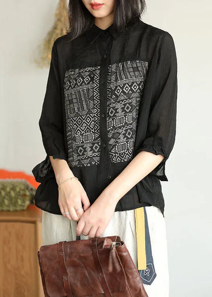 Black Peter Pan Collar Geometric Patchwork Linen Blouse Top Bracelet Sleeve