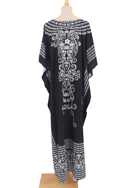 Black O Neck Print Chiffon Robe Dress Summer