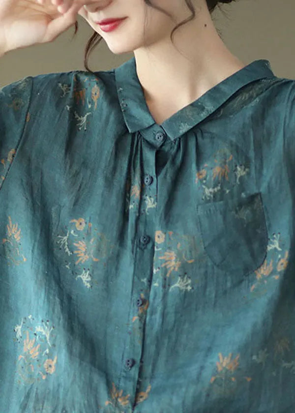 Navy Peter Pan Collar Wrinkled Linen Shirt Top Short Sleeve