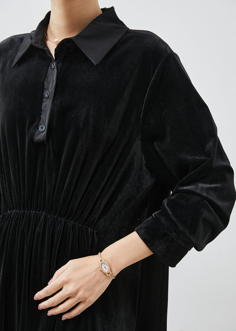 Black Peter Pan Collar Patchwork Silk Velvet Dresses Fall