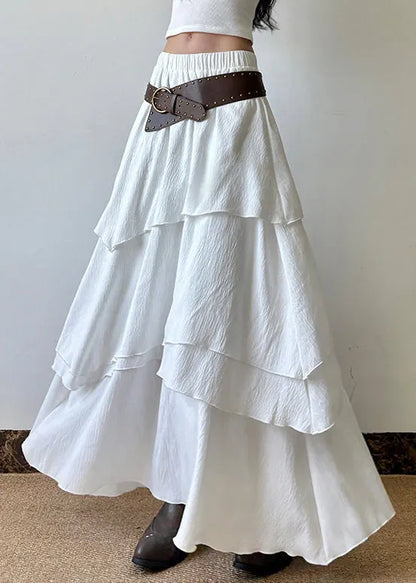 White Layered Elastic Waist Cotton Skirts Summer