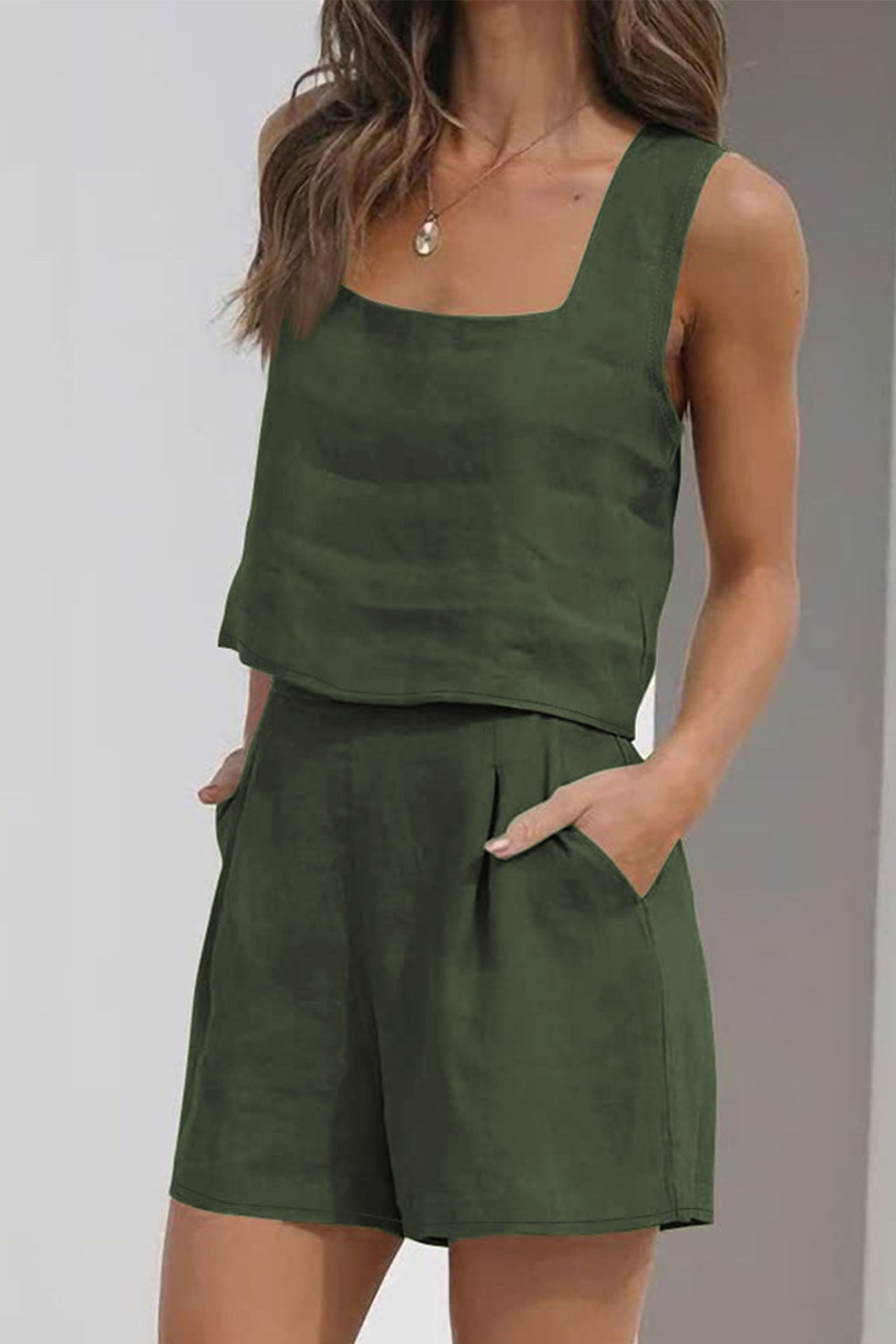 Tank Top Square Neck Pocket Shorts Set