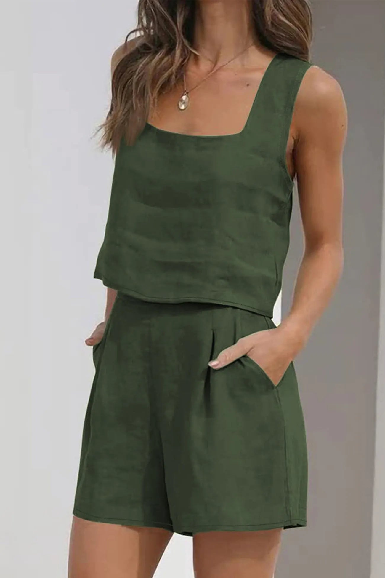 Tank Top Square Neck Pocket Shorts Set