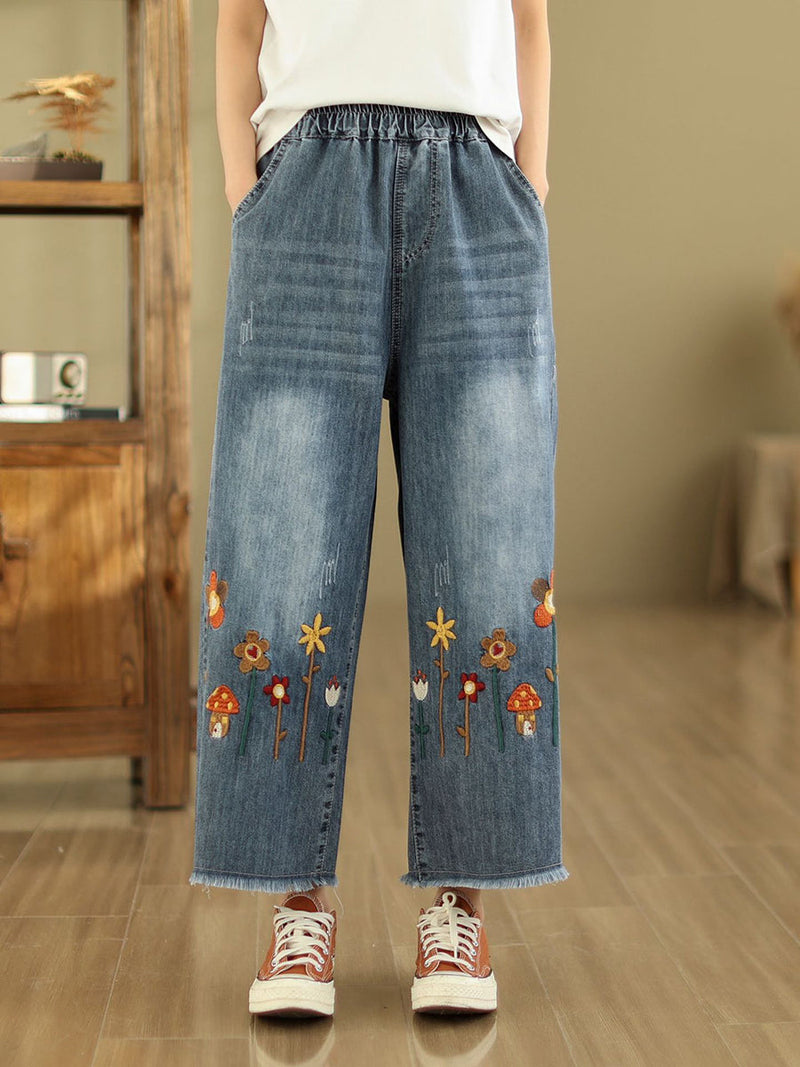 Summer Retro Embroidery Frayed Straight Denim Pants