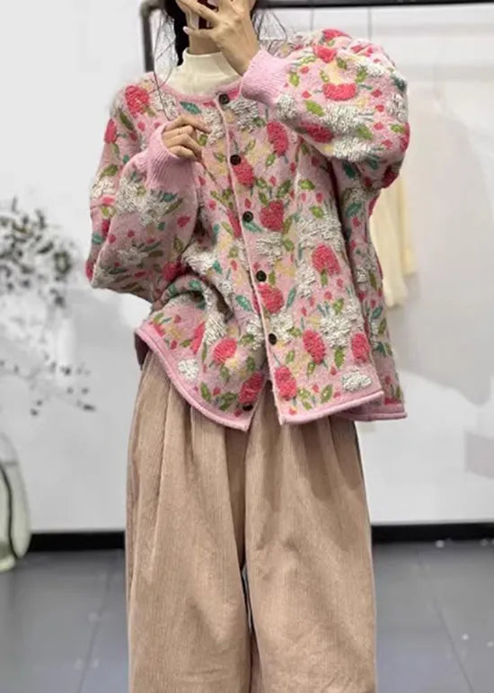 Pink O Neck Button Jacquard Cozy Knit Cardigan Fall