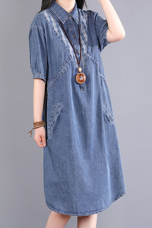 - Summer Blue Short-sleeved Dress Denim Stitching Dress