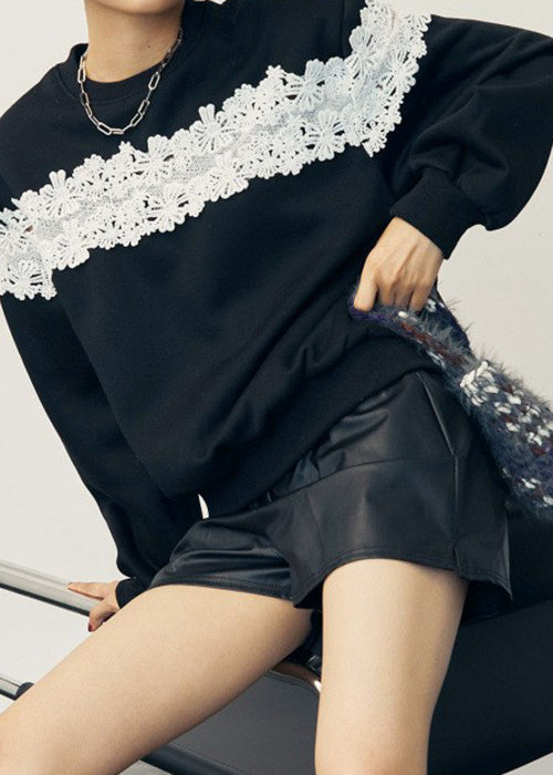 Grey O Neck Lace Patchwork Cotton Sweatshirts Fall