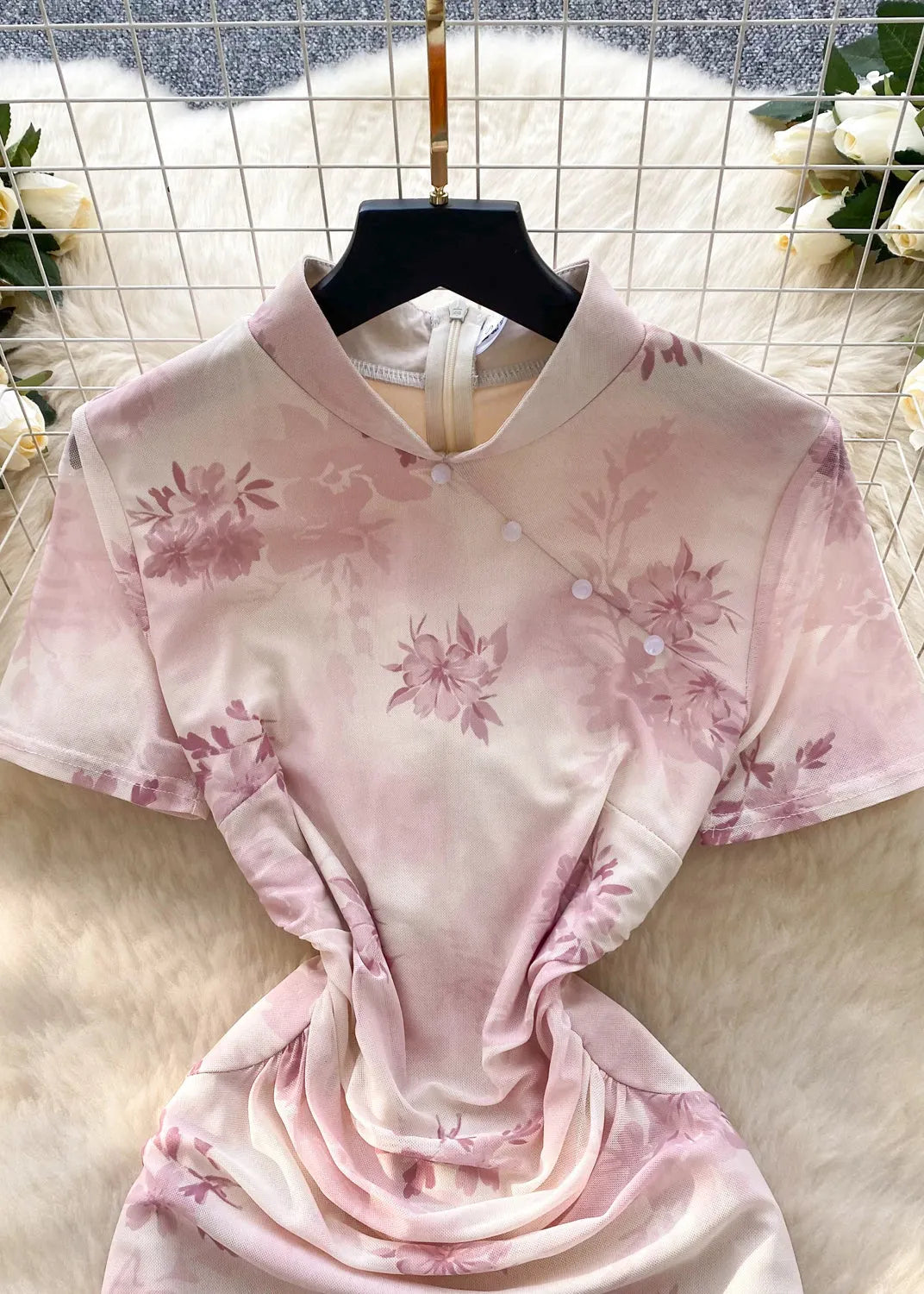 Pink Print Cotton Cheongsam Dress Summer