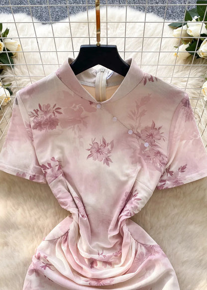 Pink Print Cotton Cheongsam Dress Summer