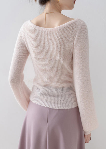 Unique Pink O Neck Knit Sweaters Lantern Sleeve
