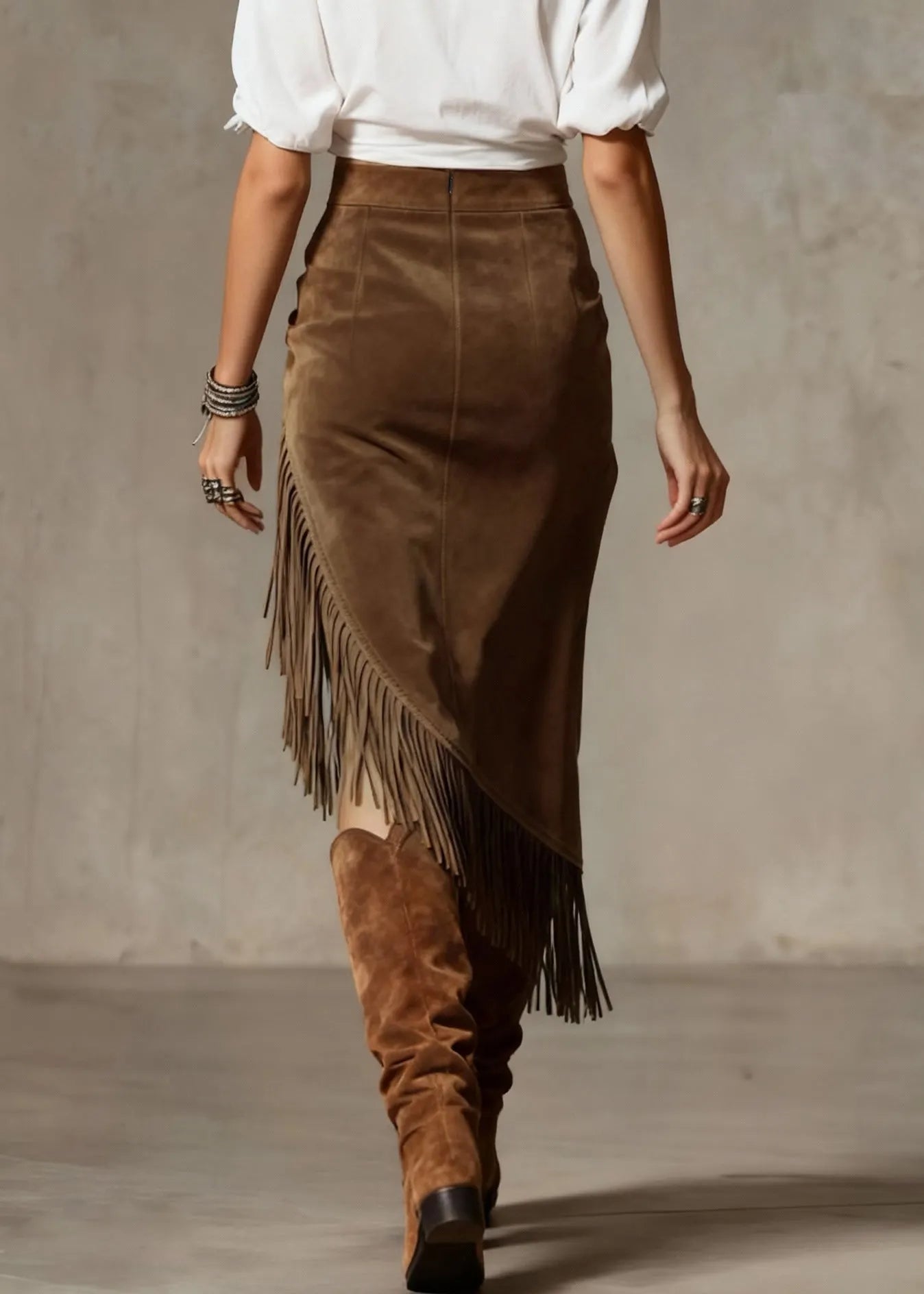 Chocolate Asymmetrical Tasseled High Waist Faux Suede Skirt Spring