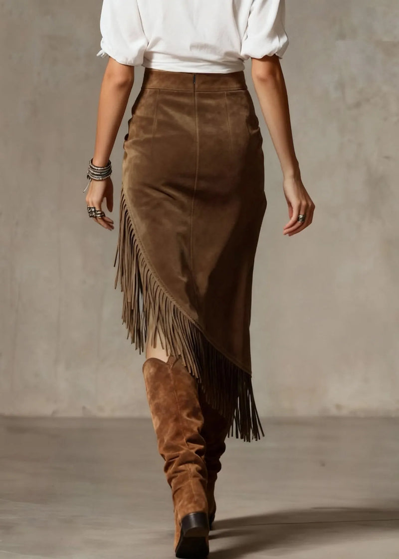 Chocolate Asymmetrical Tasseled High Waist Faux Suede Skirt Spring