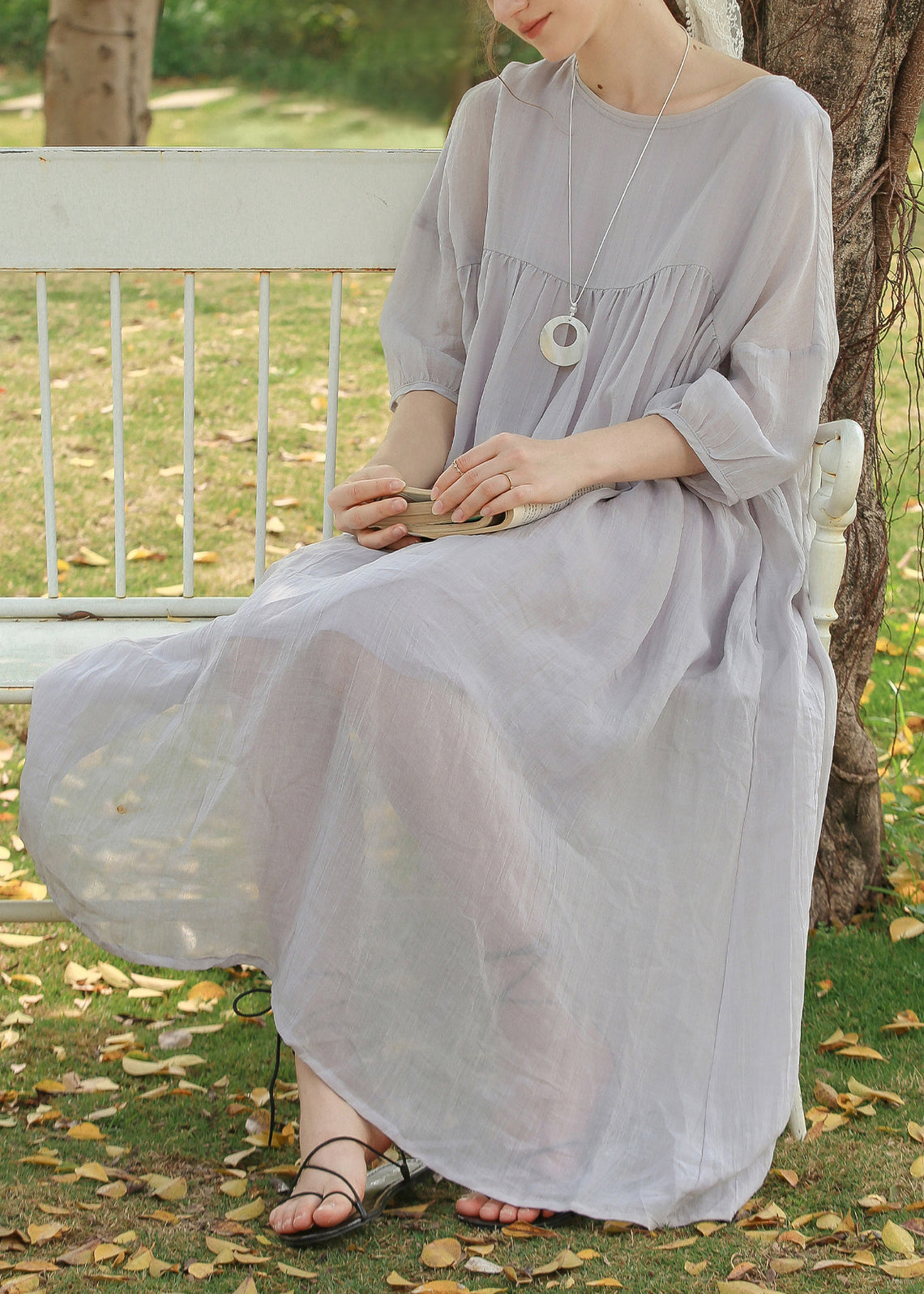 Grey O Neck Wrinkled Linen Long Dresses Summer