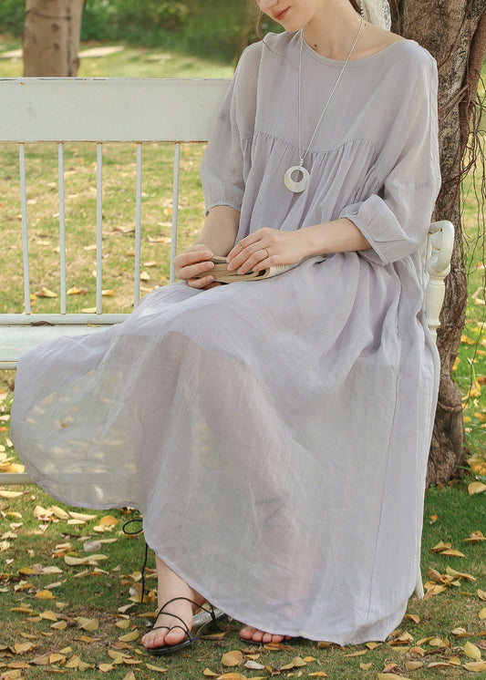 Grey O Neck Wrinkled Linen Long Dresses Summer
