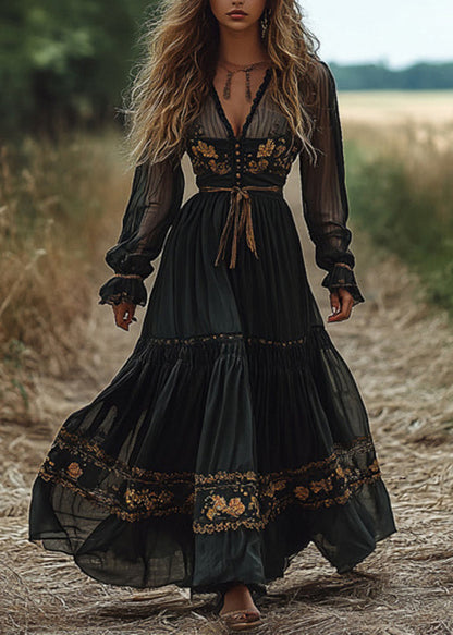 Blackish Green V Neck Wrinkled Patchwork Cotton Long Dress Fall